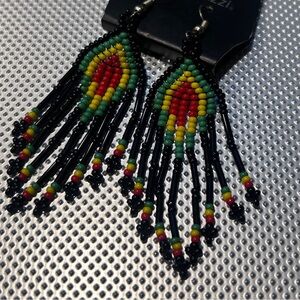 Rasta Red Green Yellow Beaded Fringe Earrings